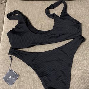 2 piece black ribbed and silky bikini set